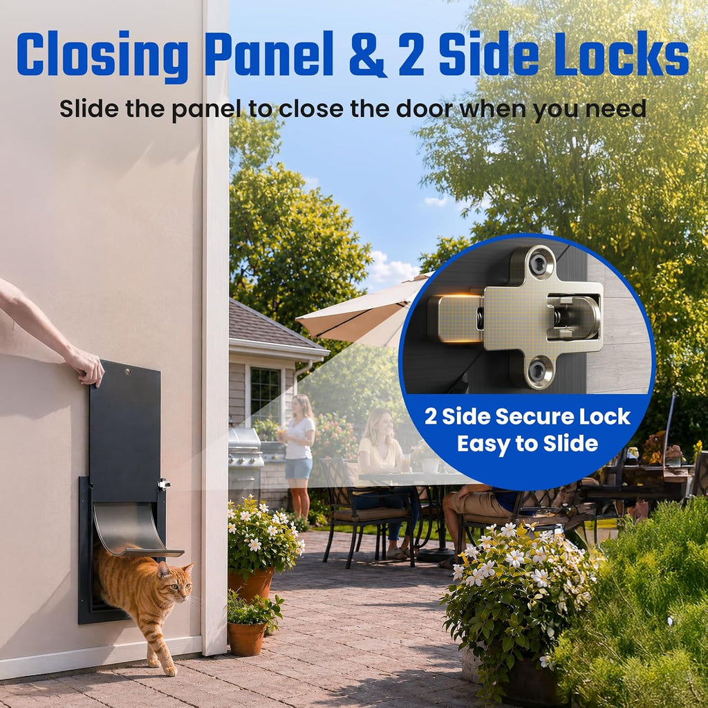 Cat Door for Wall, All Aluminum Doggy Doggie Pet Door Small Dog Door, With Closing Panel, 2 Magnetic Flaps Energy