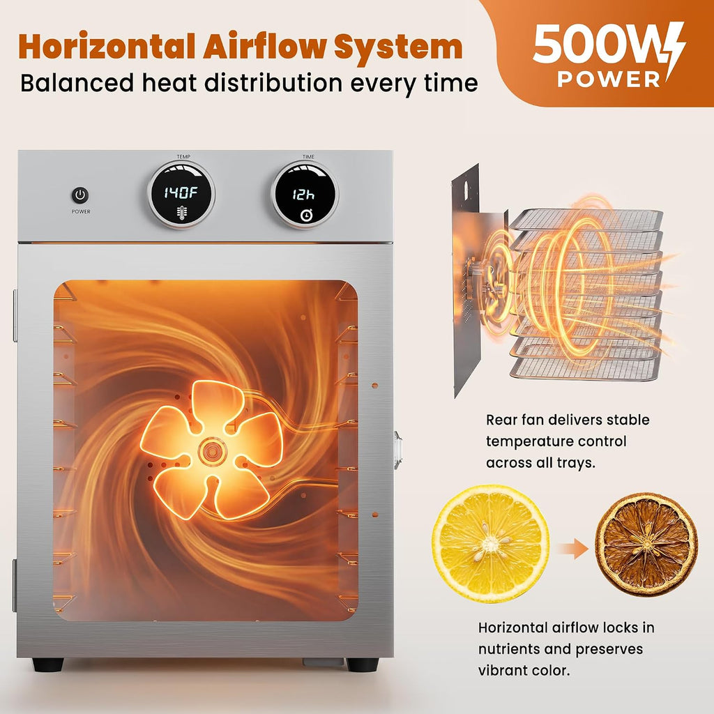 Food Dehydrator Machine | 8 Stainless Steel Trays | 500W Fast Even Drying | 86–194°F Precise Temp Control, 24H Timer
