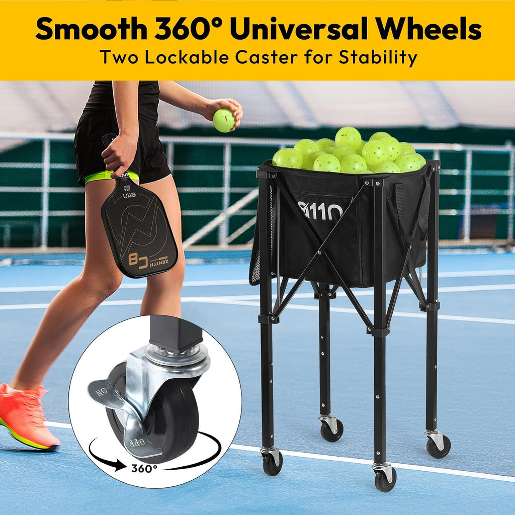 Pickleball & Tennis Ball Hopper with Wheels, Foldable Cart