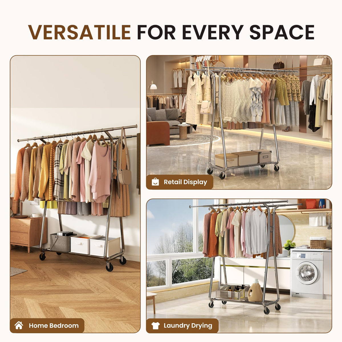 620 Lbs Heavy Duty Rolling Clothes Rack, Double Rail