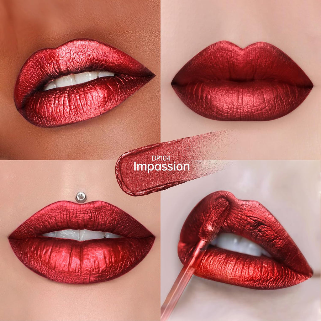 Dark Red Lipsticks for Women Metallic Glitter Long Lasting Lipstick