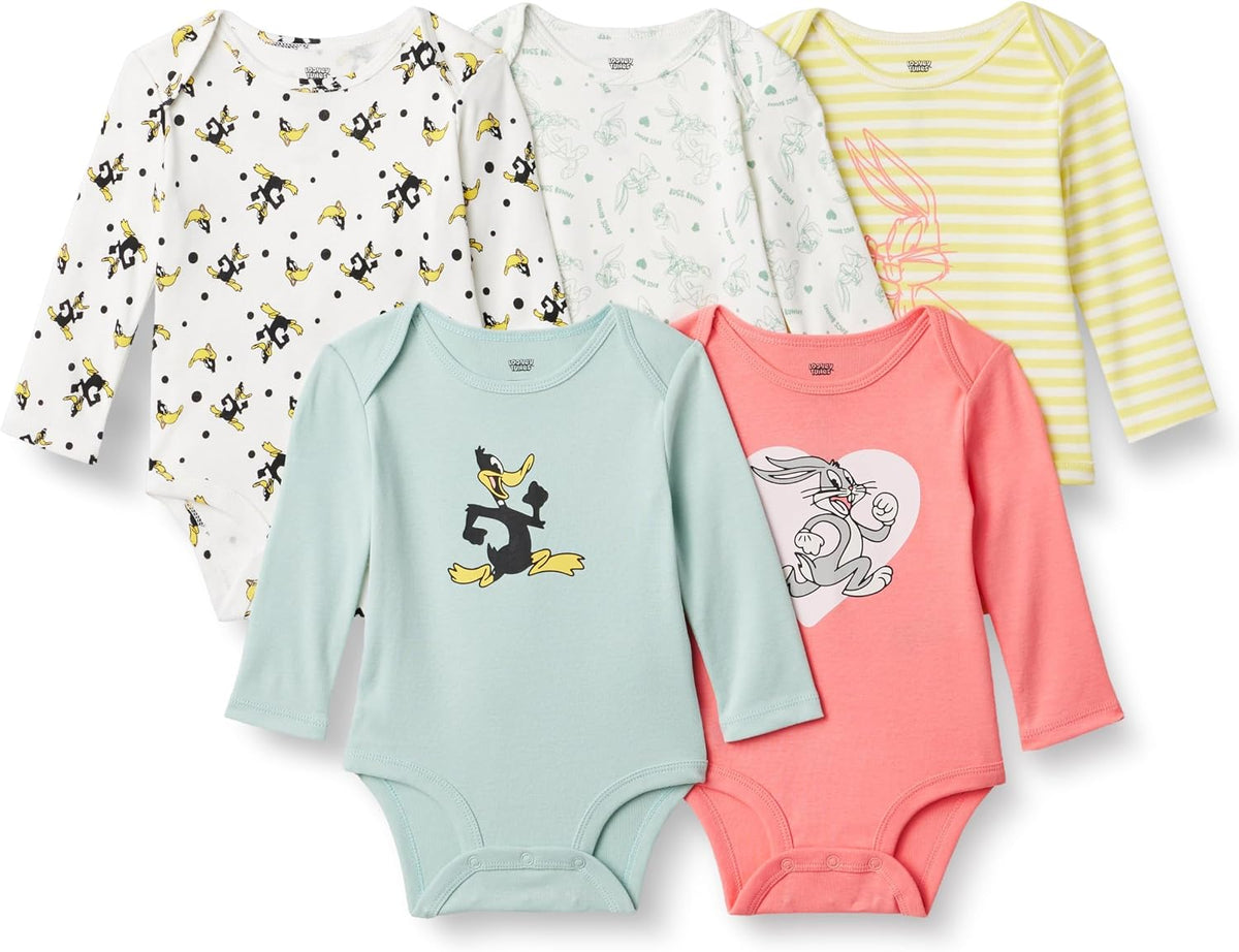 Harry Potter | DC Comics | Looney Tunes Unisex Babies' Cotton Long-Sleeve Bodysuits, Pack of 5