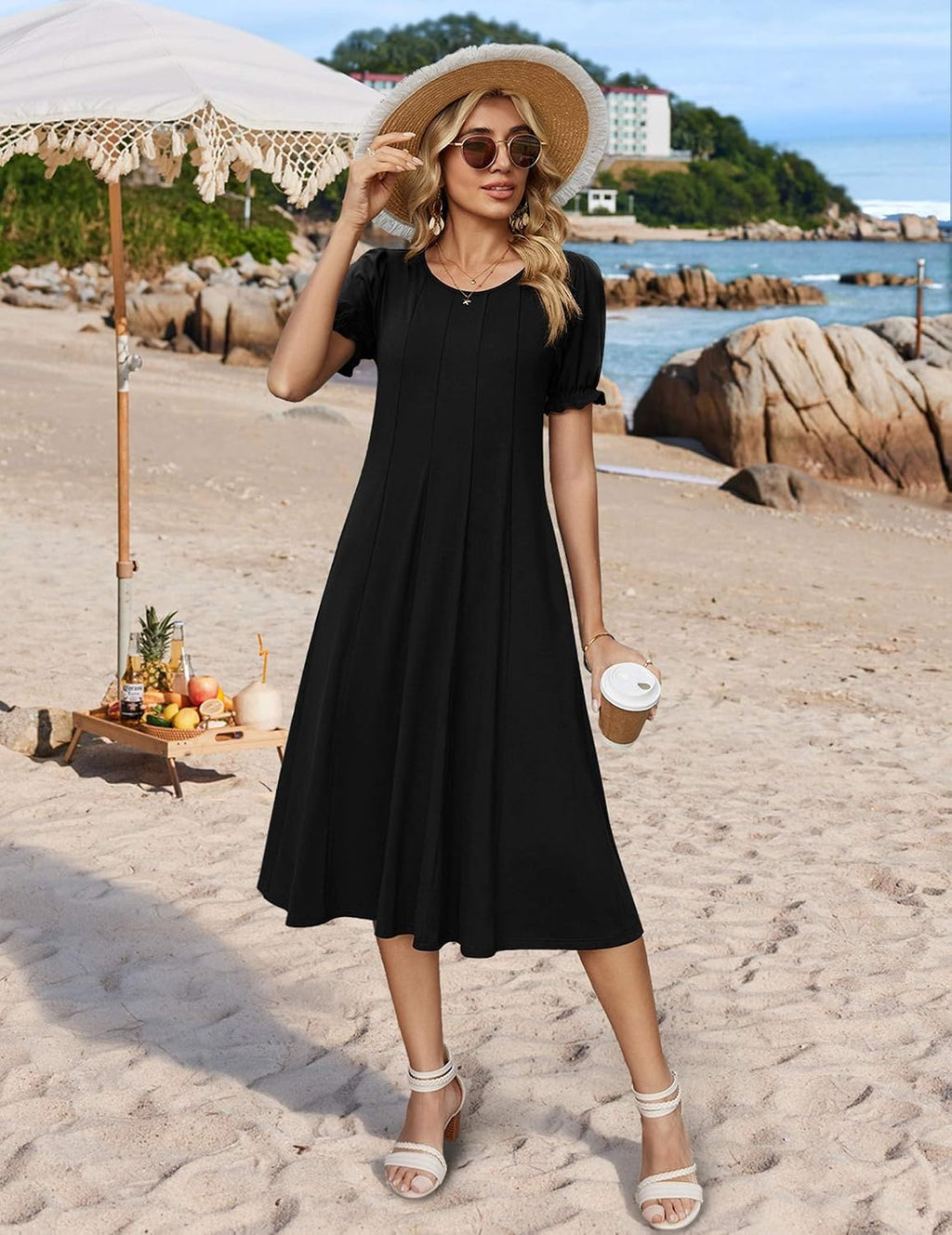 Womens Summer Dress Casual Midi Dresses 2026 Short Puff Sleeve Flare Dress Pleated Flowy Sundress with Pockets