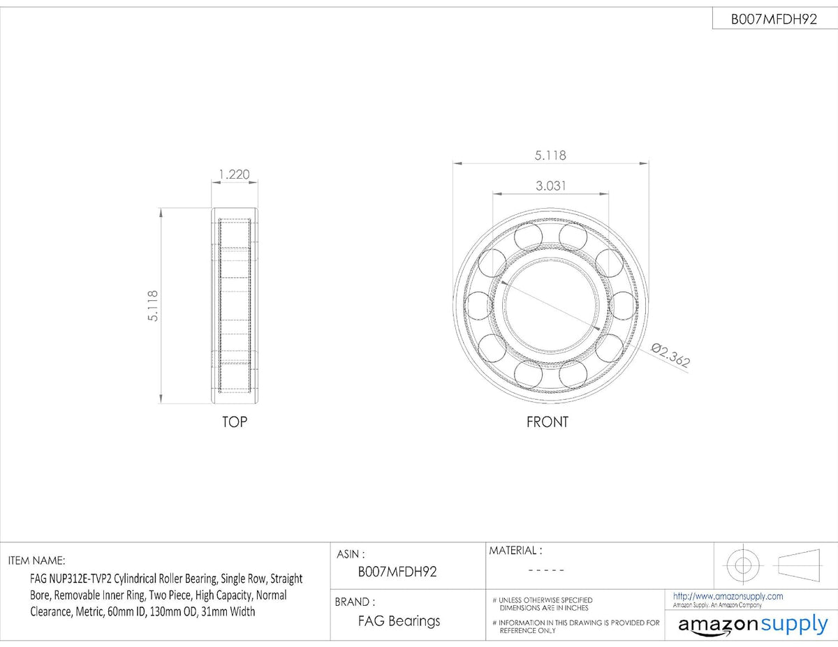 FAG Bearings NUP312E-TVP2 Single Row Cylindrical Roller Bearing, Straight Bore, Removable Inner Ring, Two Piece, High Capacity, Normal Clearance, Metric, 60mm ID, 130mm OD, 31mm Width