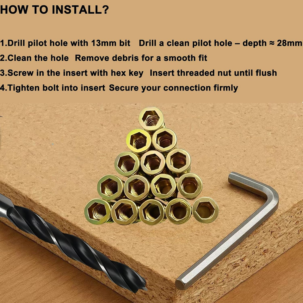 3/8"-16 Wood Threaded Inserts, 50Pcs Hex Drive Zinc-Plated Screw-in Nuts