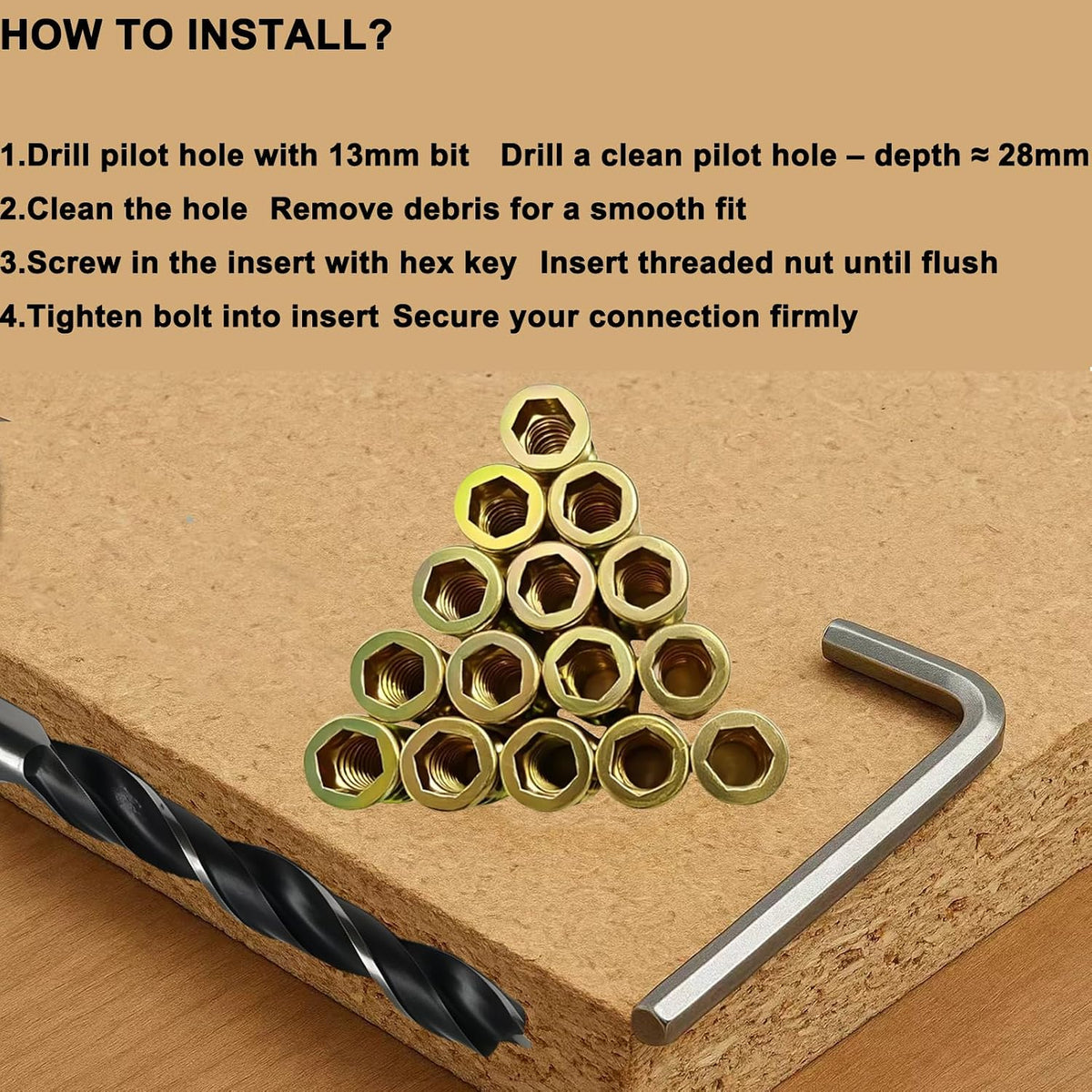 3/8"-16 Wood Threaded Inserts, 50Pcs Hex Drive Zinc-Plated Screw-in Nuts