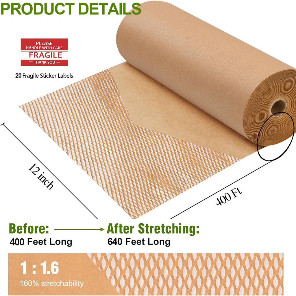 Honeycomb Packing Paper for Moving, Protective Wrapping Paper 12" x 400ft | kraft paper cushions glass, dishes