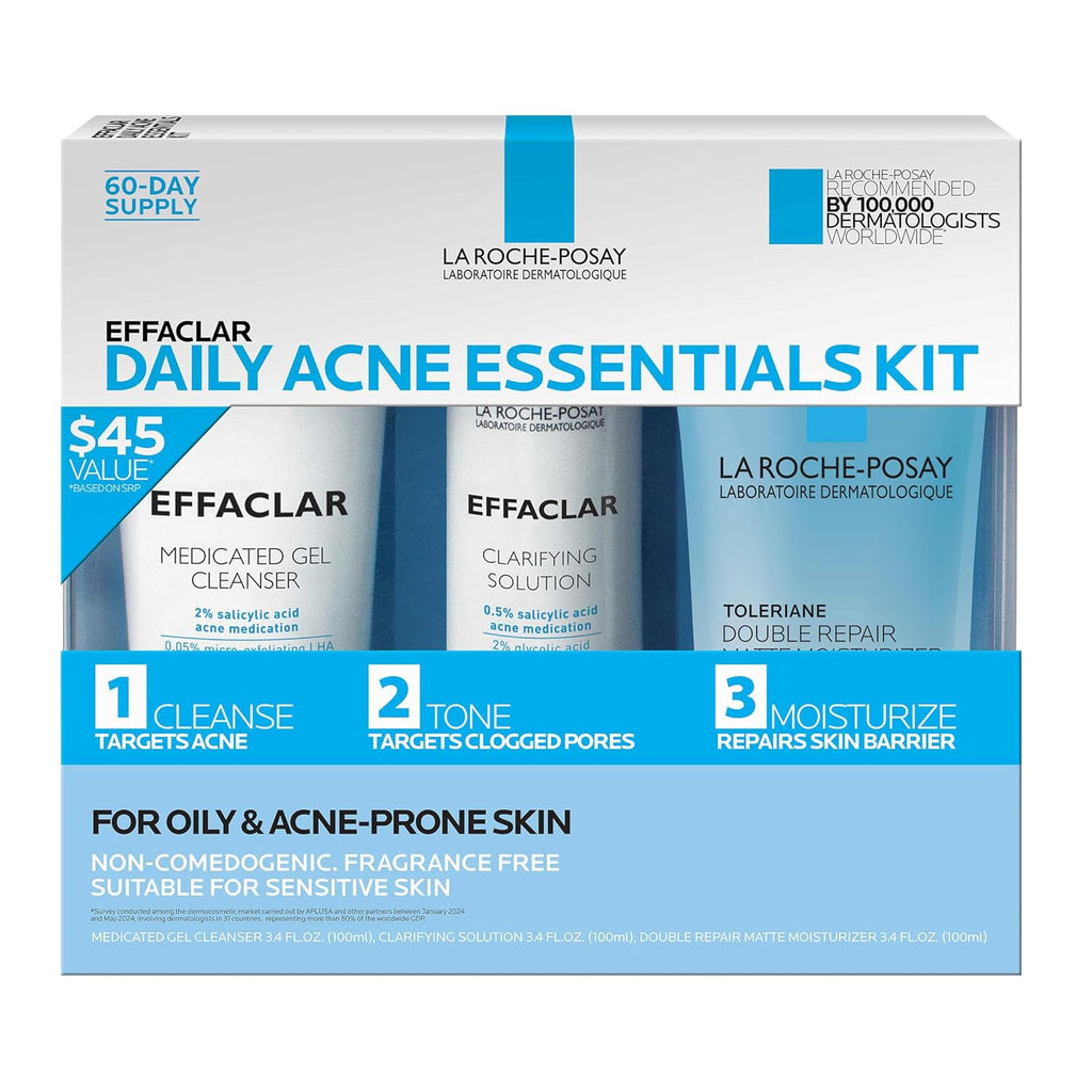 La Roche-Posay Effaclar Daily Acne Kit with Cleanser, Toner & Moisturizer | Salicylic acid acne cleanser, pore