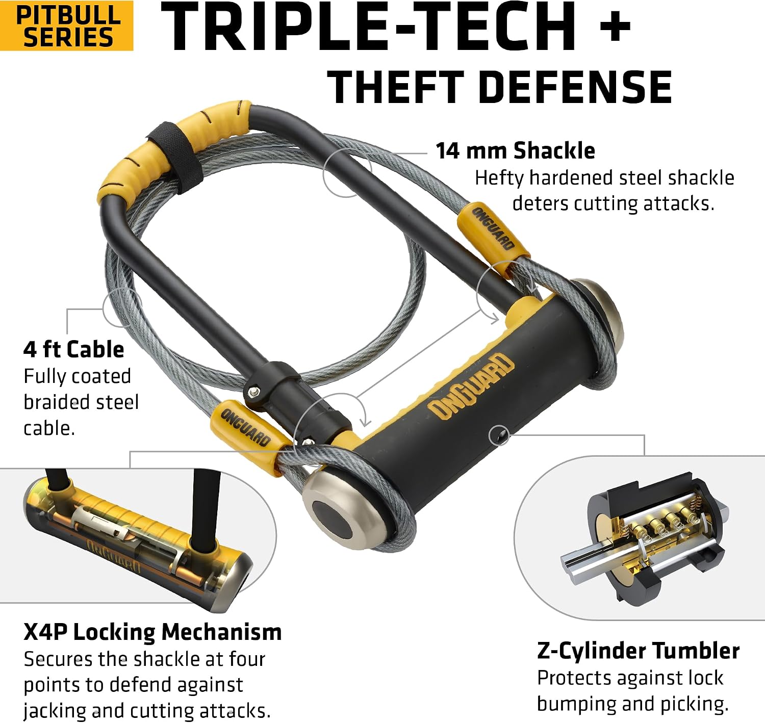 Pitbull STD DT U-Lock with 4 ft Cable – 14 mm Hardened Steel Shackle (115 × 230 mm) – Quad Lock System for Bike