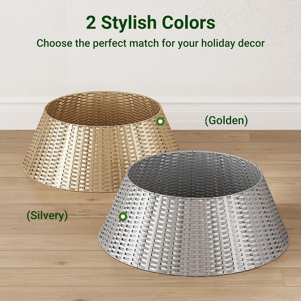 Gold Christmas Tree Collar, 28 Inch Woven Xmas Tree Skirt for 7.5 ft Trees, Stylish Rustic Basket for Tree Base Cover