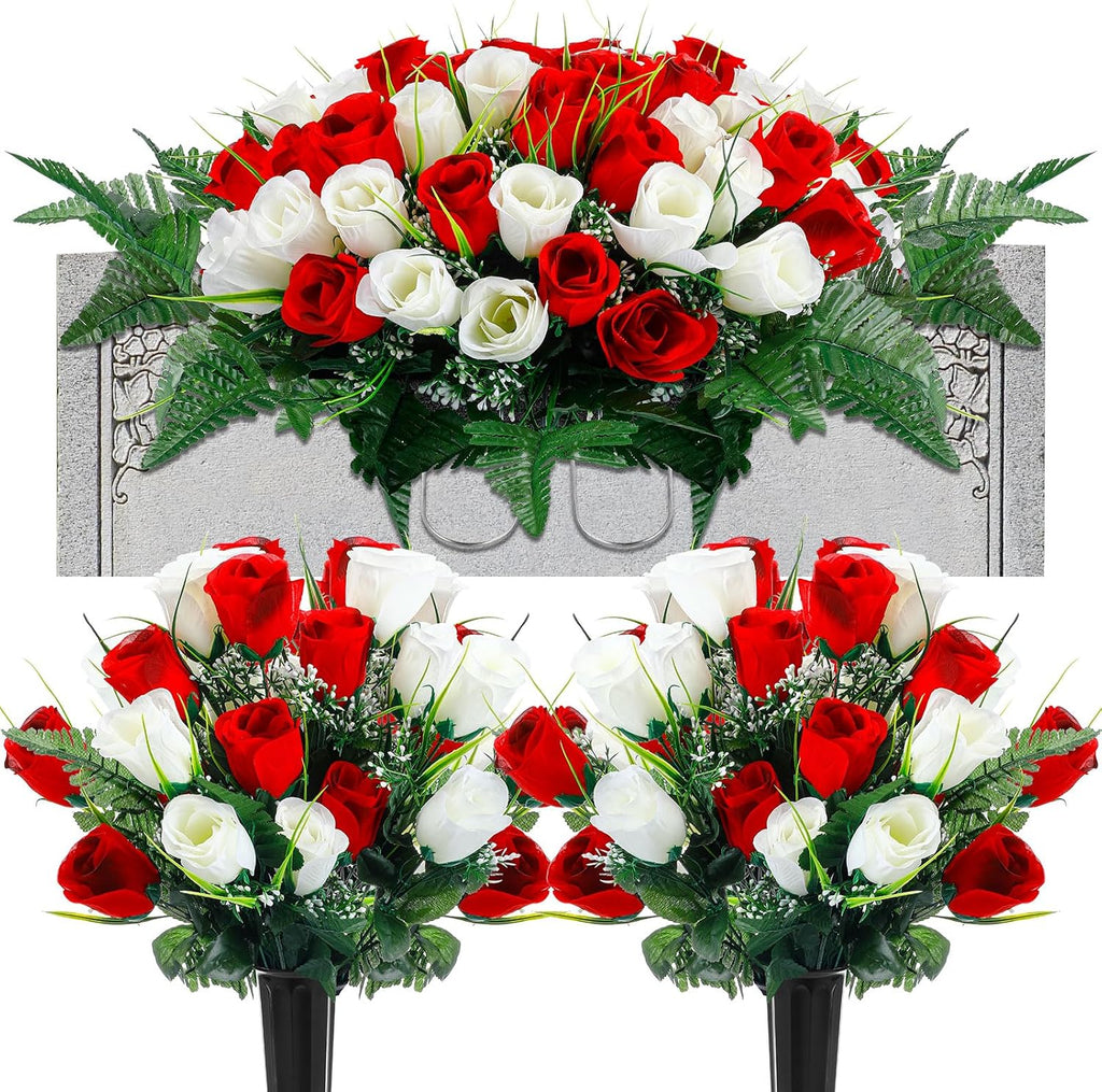 3 Pcs Artificial Cemetery Flower Set Cemetery Flowers Saddle Flowers Rose Bouquets with Vase 1 Saddle and 2 Memorial
