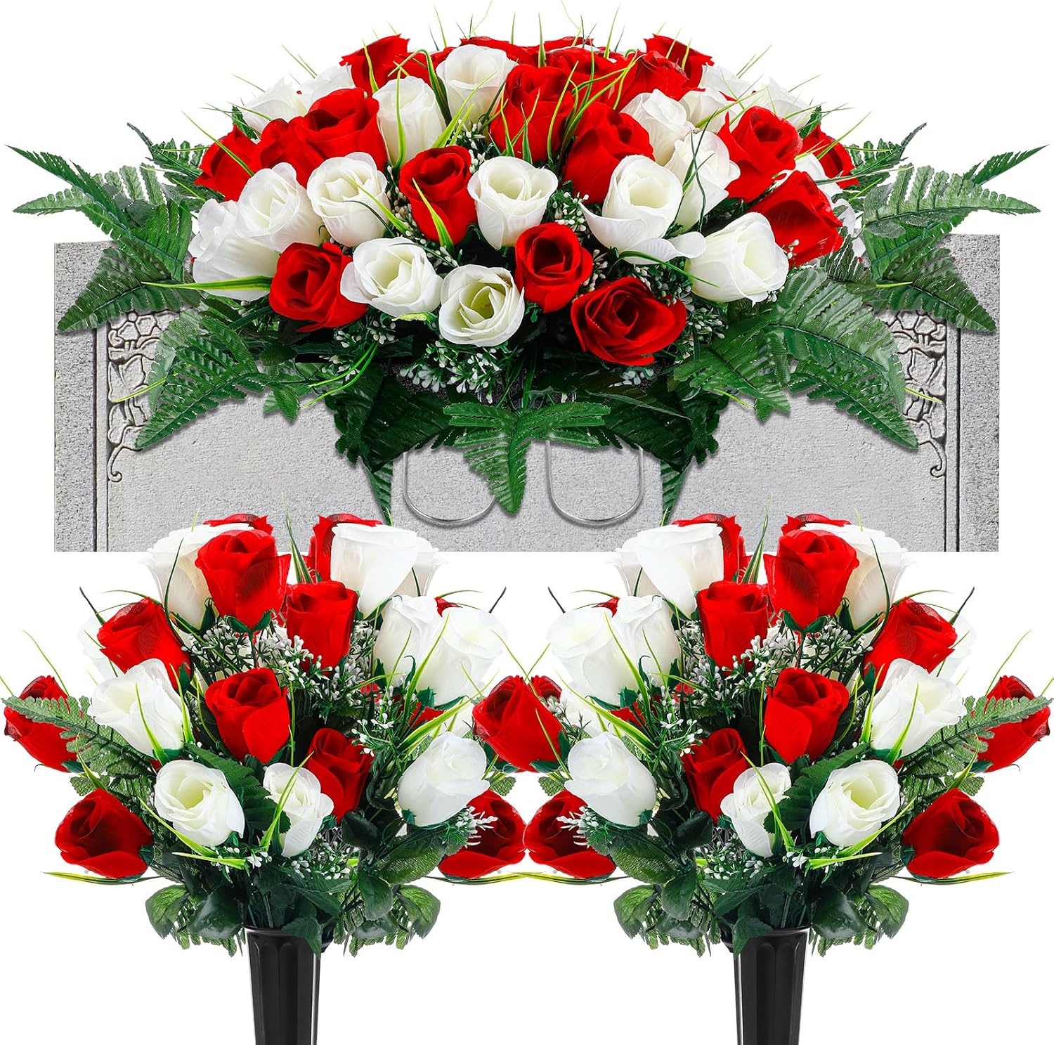 3 Pcs Artificial Cemetery Flower Set Cemetery Flowers Saddle Flowers Rose Bouquets with Vase 1 Saddle and 2 Memorial