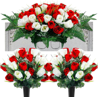 3 Pcs Artificial Cemetery Flower Set Cemetery Flowers Saddle Flowers Rose Bouquets with Vase 1 Saddle and 2 Memorial