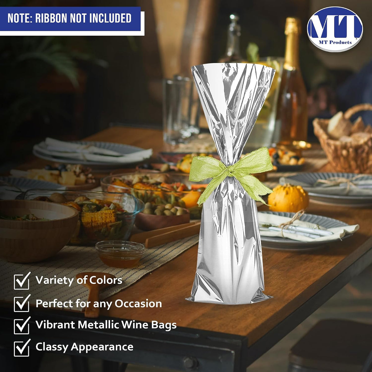 Silver Metallic Mylar Wine Gift Bags 6.5" x 18" - Great for wine Pull - Pack of 25