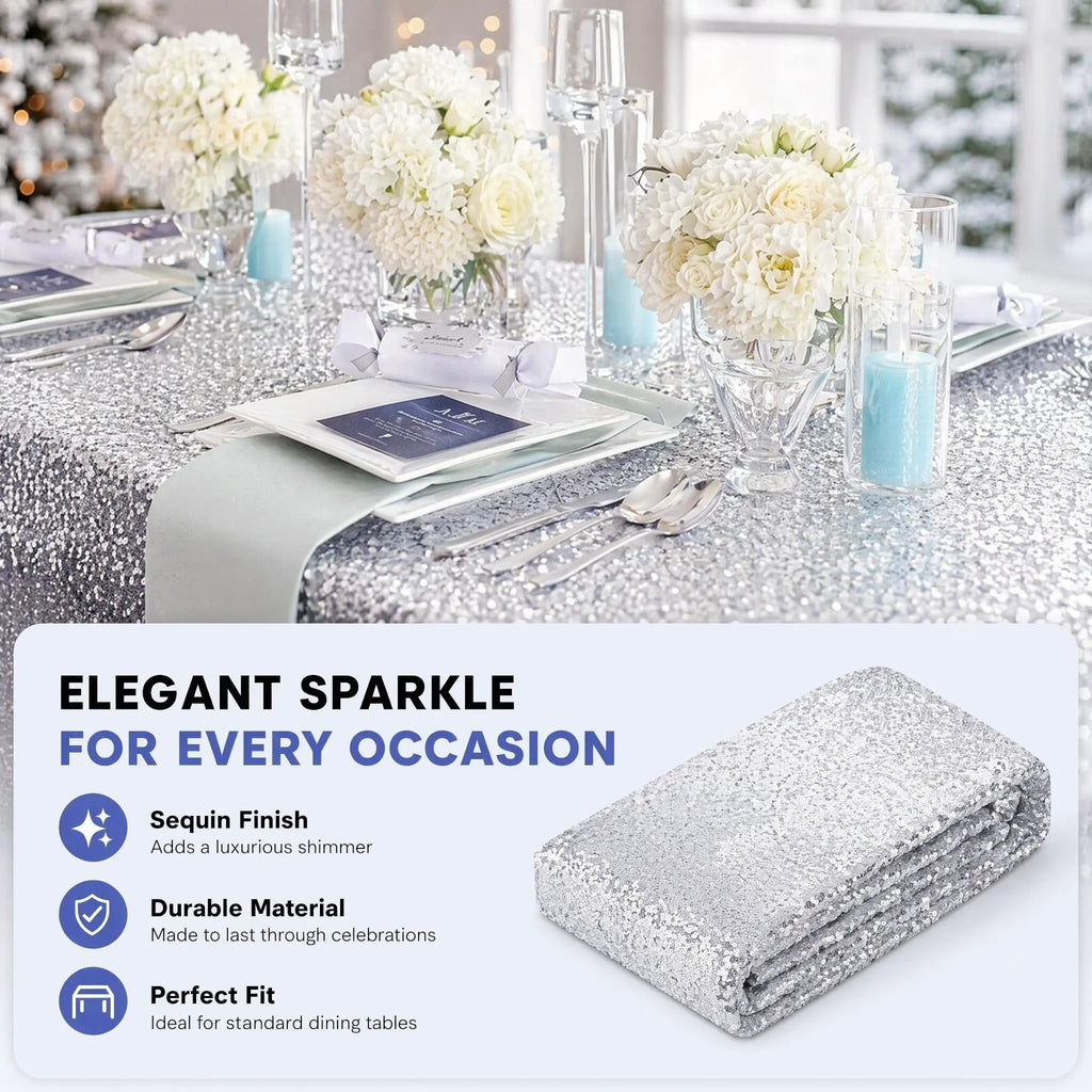 Silver Sequin Tablecloth 50x72, Sparkly Glitter for Wedding Party