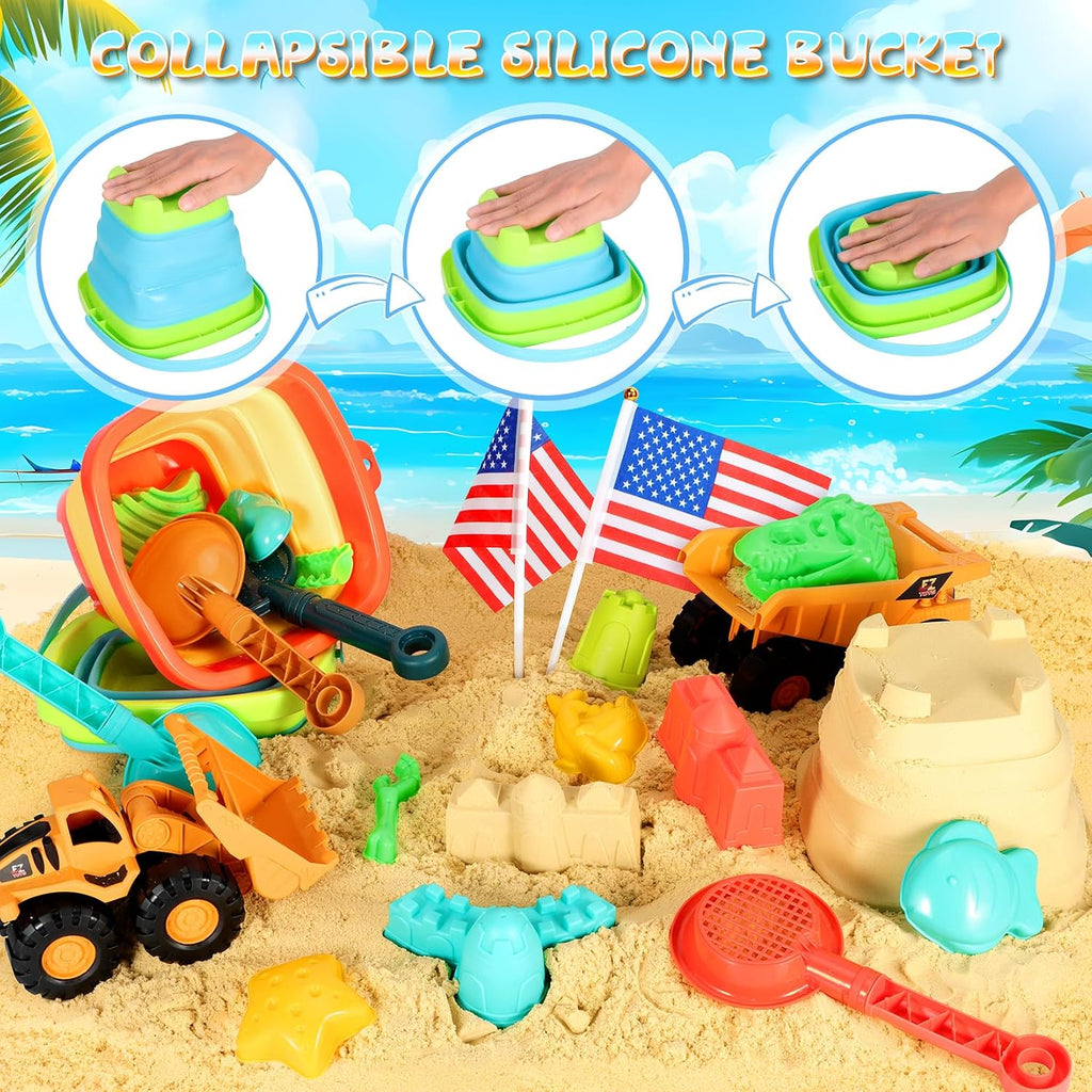 Beach Sand Toys for Kids, 29PCS Travel Beach Essentials for Toddler 3-10 | Sandbox Toys with 2 Collapsible Bucket