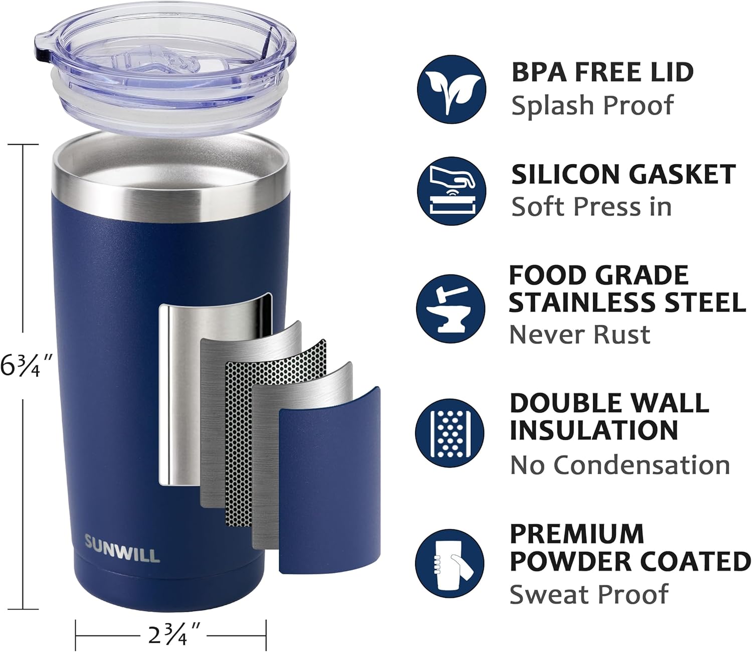 Travel Coffee Tumbler 20 oz, Insulated Mug with Lid, Stainless Steel Cup for Outdoor, Powder Coated Navy