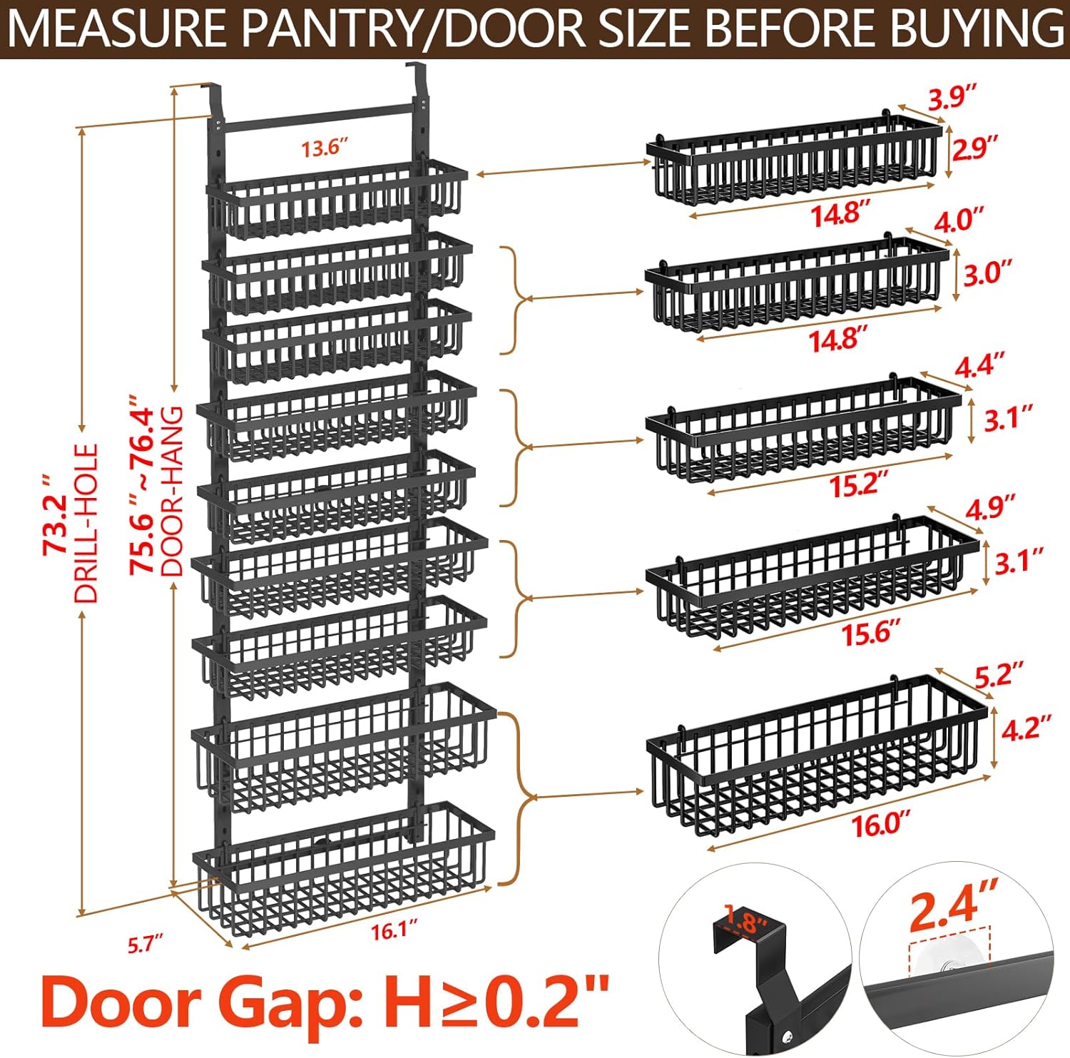 9 Tier Over The Door Pantry Organizer, 2 in 1 Wall Mount or Hanging Spice Rack with Adjustable Deep Basket