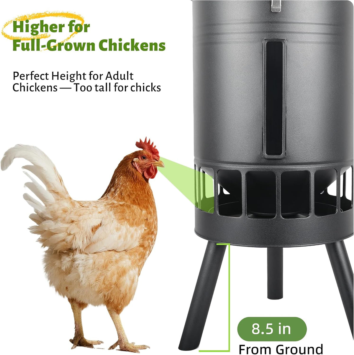 50LB Metal Chicken Feeder - Anti-Waste Design, 16 Ports, Black