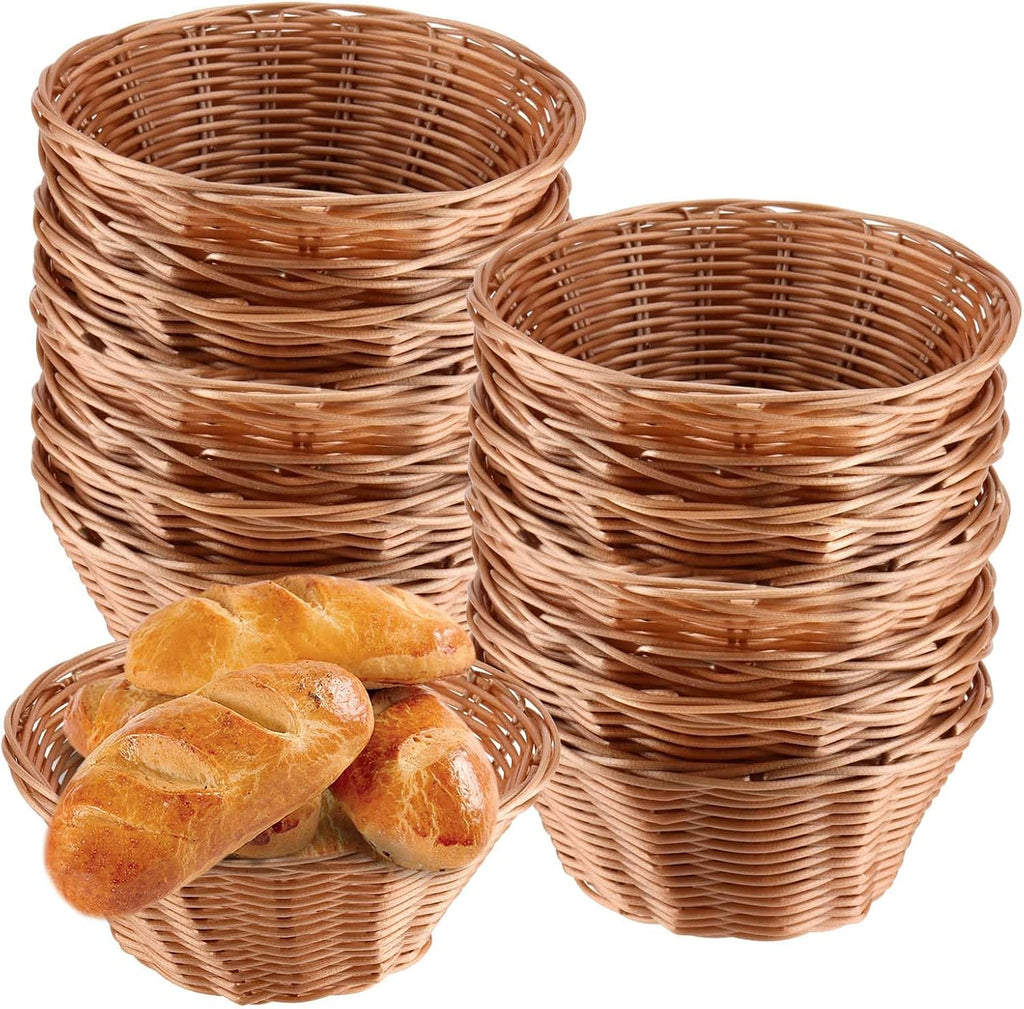 16 Pcs Bread Baskets Bulk, 7 Inch Plastic Round Basket Bread Serving Baskets, Brown Small Woven Baskets for Food