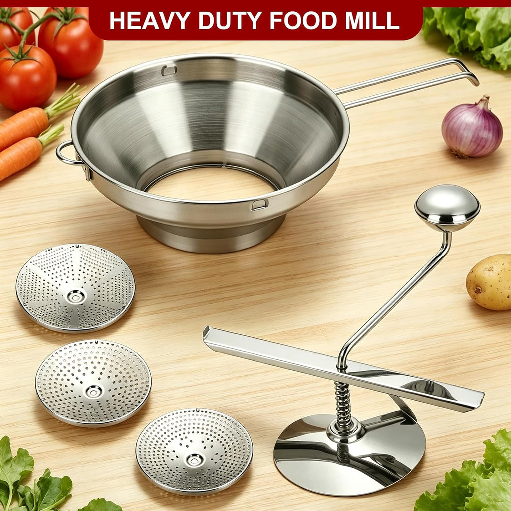 Food Mill for Tomatoes, Stainless Steel Rotary Strainer with Coarse Disc