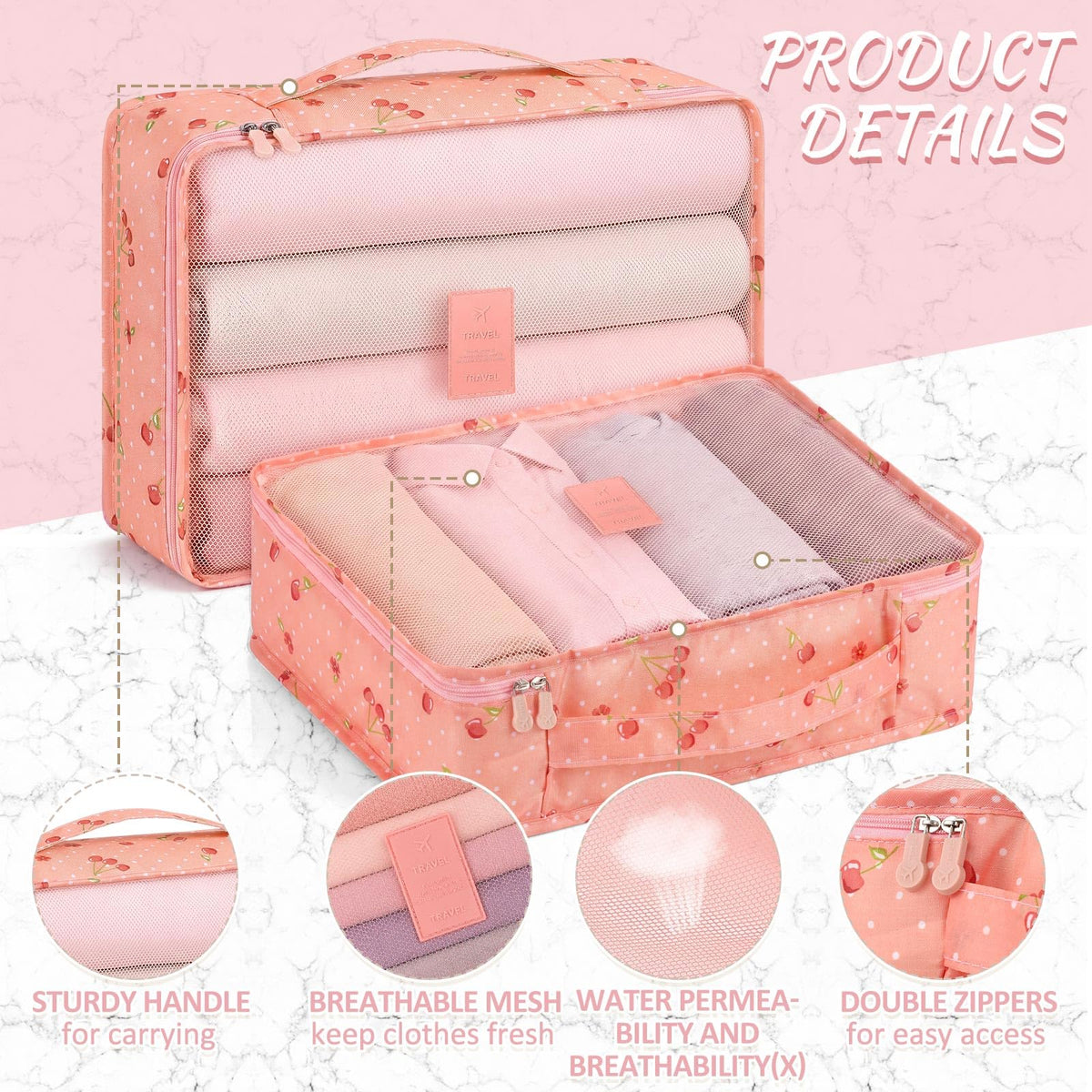 12 Pcs Packing Cubes for Travel,XL, L, M,Cherry,Pink