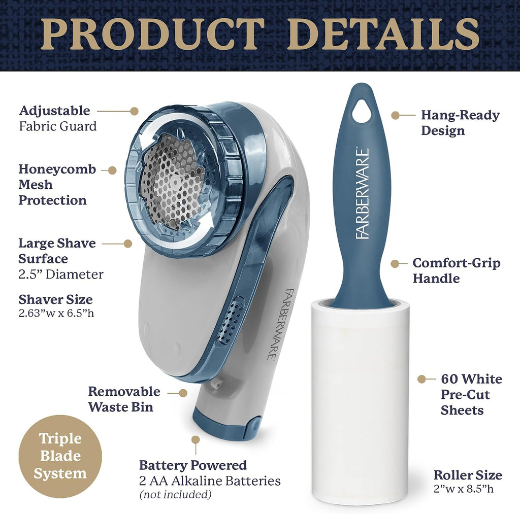 Farberware Fabric Shaver & Lint Roller Set, Large, Portable | Sticky sheets lift pet hair and dust, triple-blade