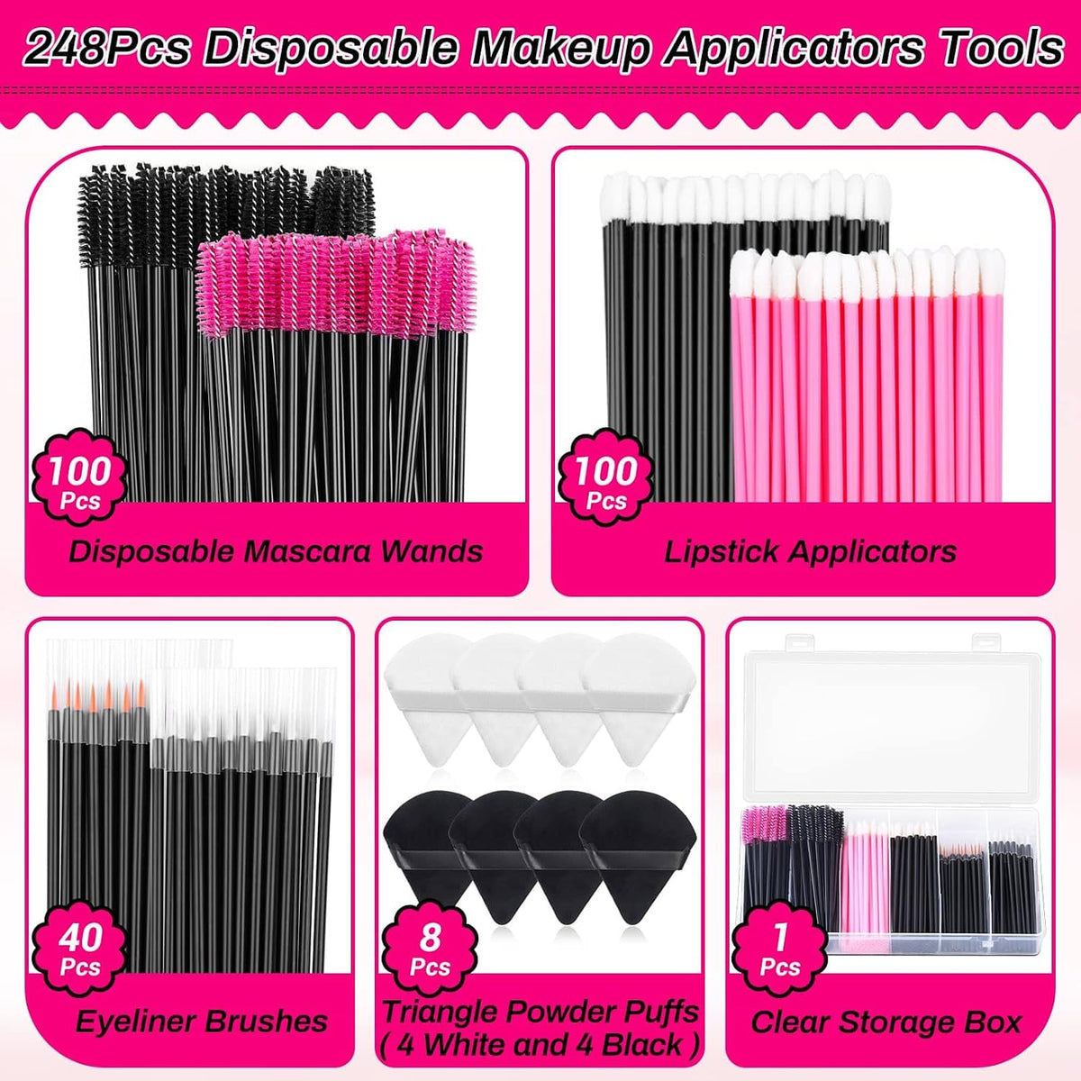 Disposable Makeup Accessories with Makeup Applicators Triangle Makeup Puffs, Mascara wands, Disposable Lip