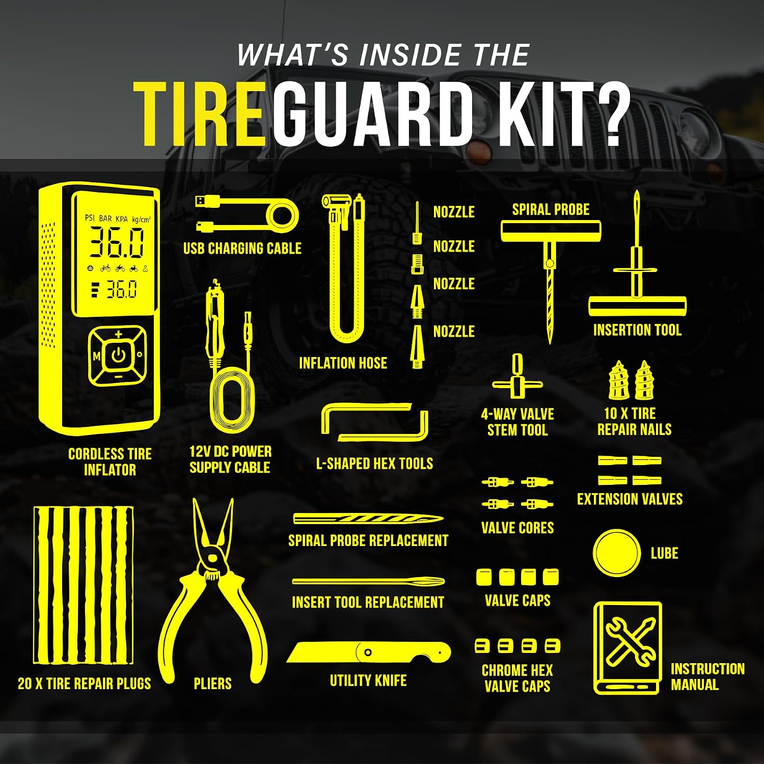 All-in-One Tire Repair Kit with Air Compressor – 150 PSI Portable Cordless Tire Inflator & Plug Kit – Flat Tire