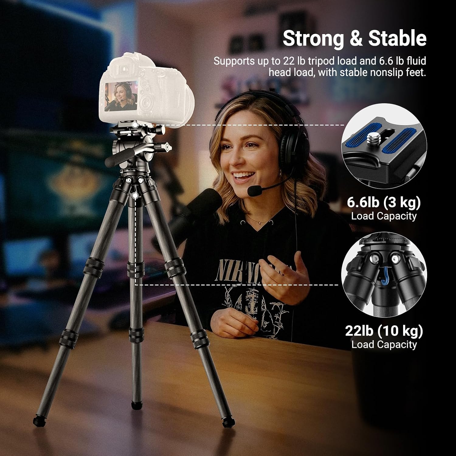 Carbon Fiber Desktop Mini Tripod for Camera, Tabletop Portable Travel Tripod with Video Fluid Head, QR Plate for