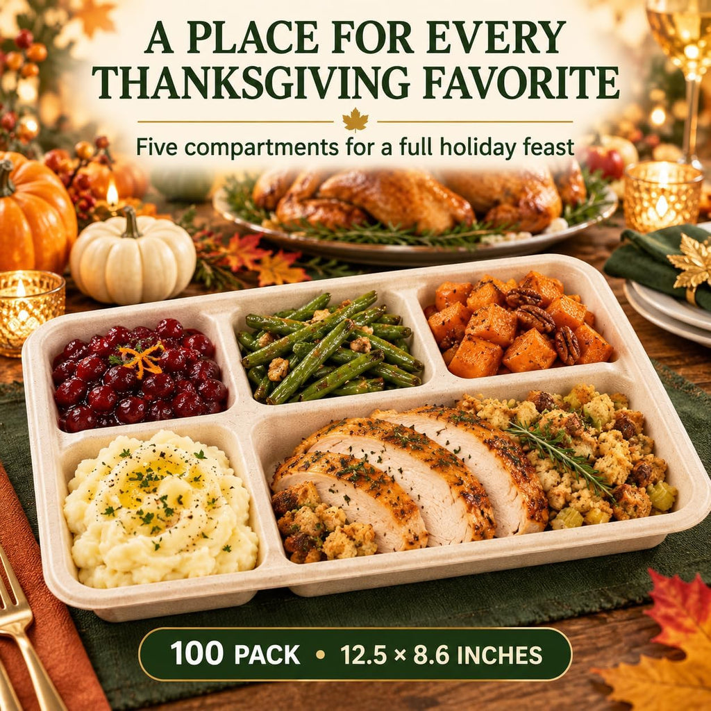5 Compartment Compostable Plates, 12.5 x 8.6, 100 Pack, Natural