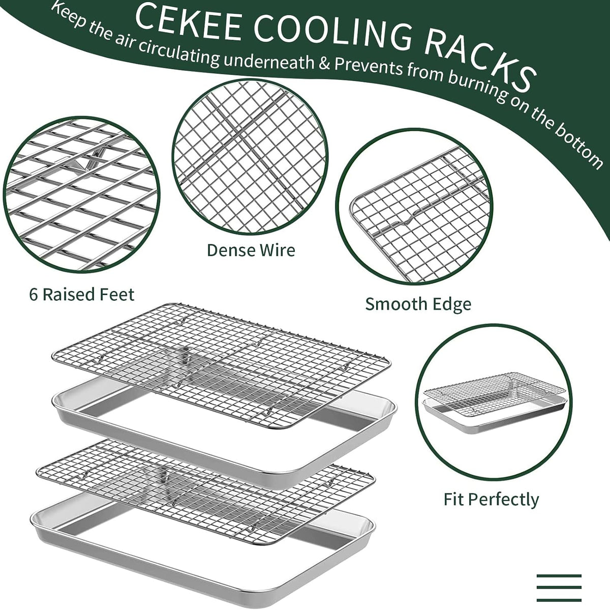 Half Sheet Pans with Rack Set [2 Pans + 2 Racks], CEKEE Stainless Half Size Large Baking Sheets with Rack -18 Inch