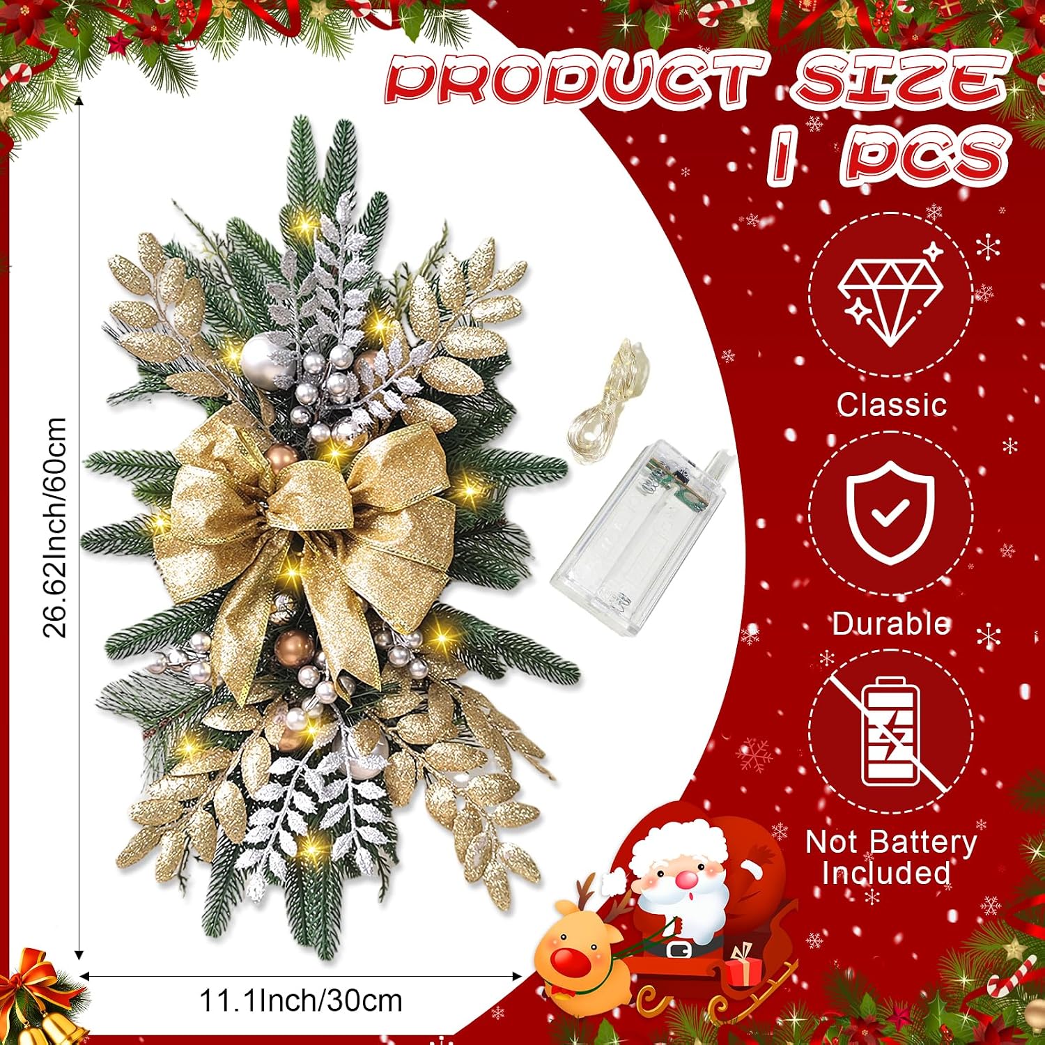 Christmas Teardrop Swag for Outdoor, 24" Prelit Cordless Stair Decorations with Lights, 1 Pcs Artificial Christmas