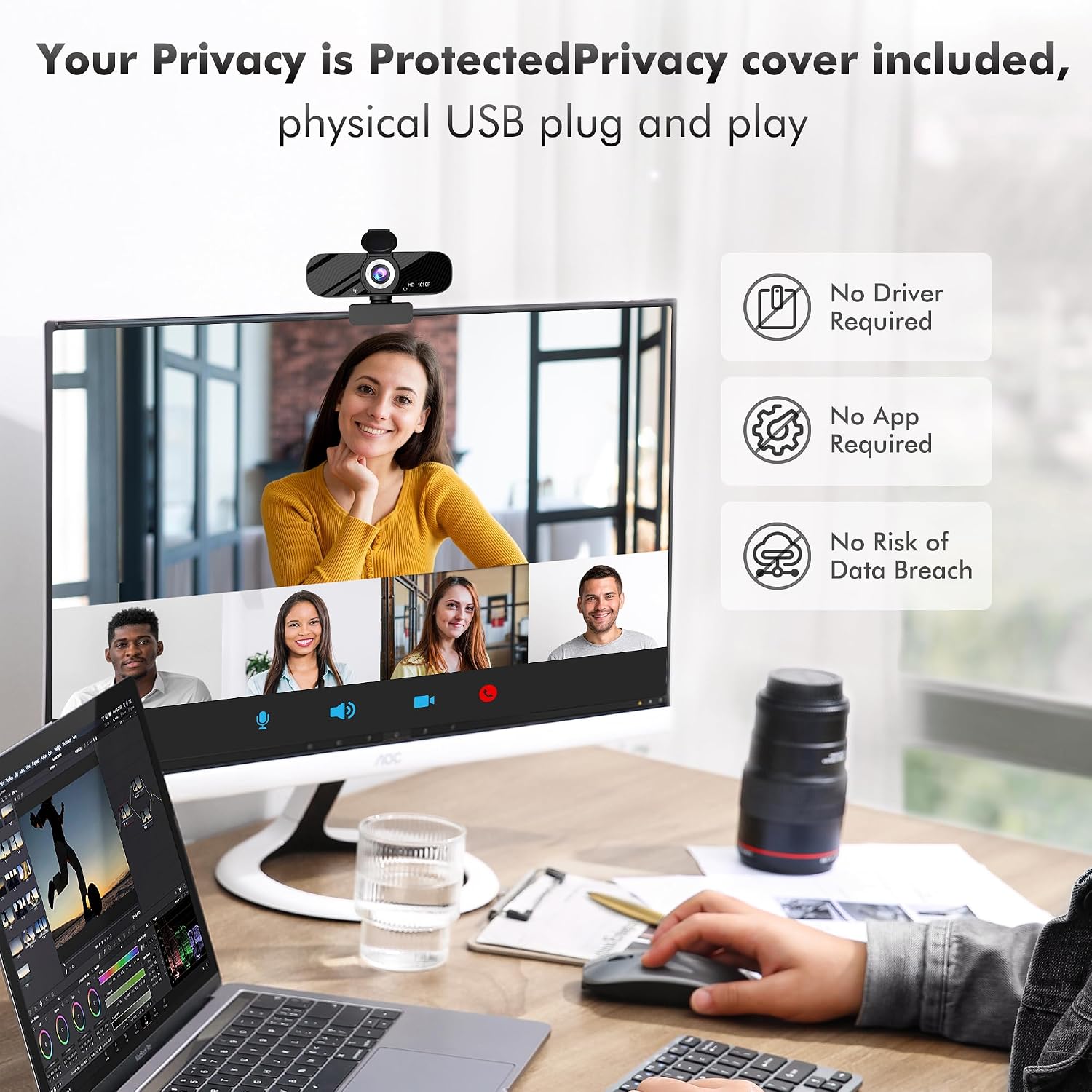 HD Pro PC Webcam, Full HD 1080p/30fps Video, Clear Audio, 120° FOV, Light Correction, Works with Microsoft Teams