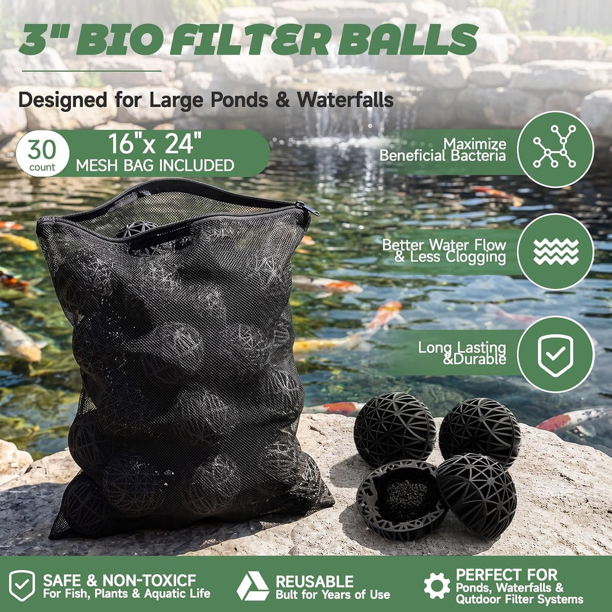 30 Count 3" Large Bio Balls, Filter Media Biological Filter Bioball