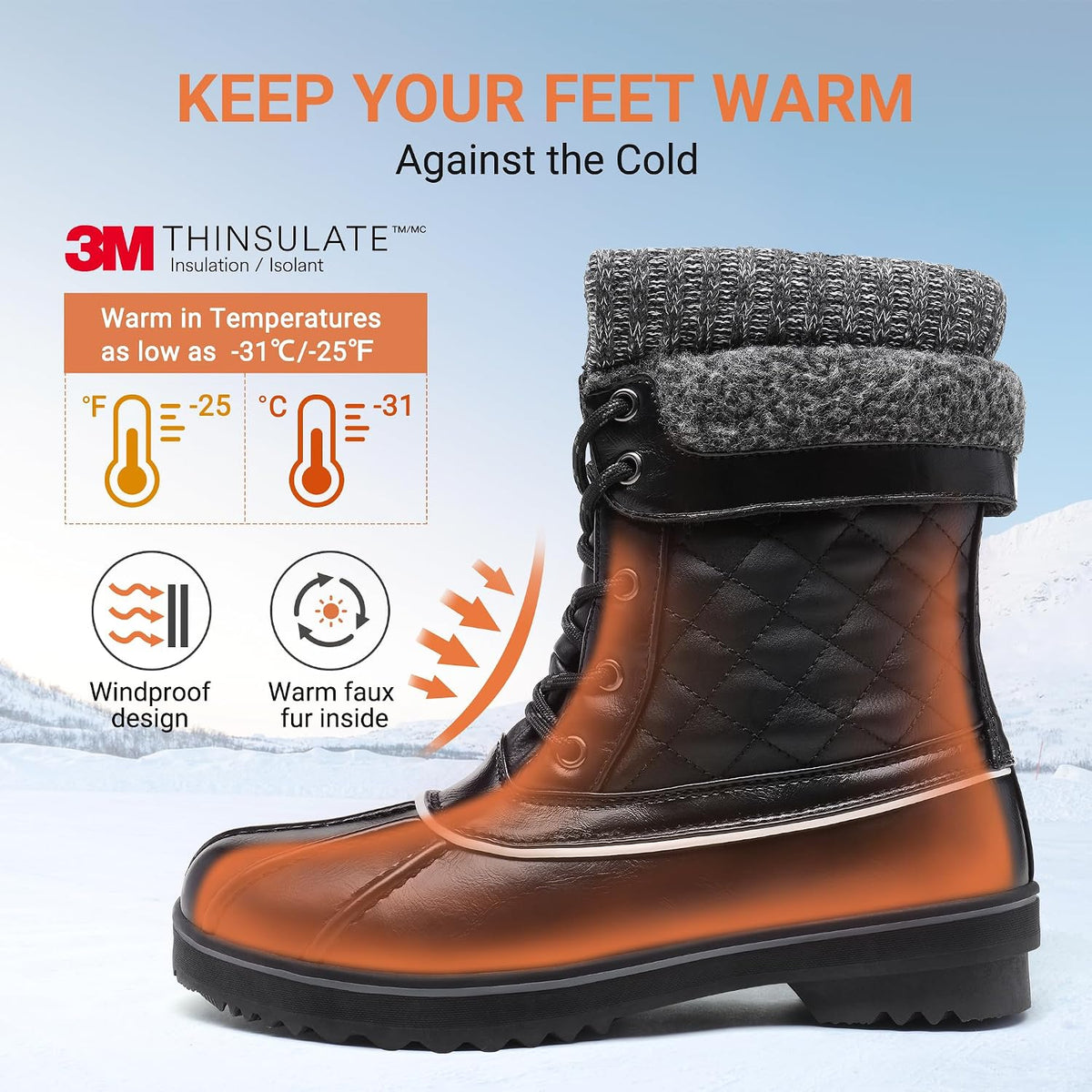 Women's Mid Calf Duck Winter Boots | 3M Thinsulate Insulation, Waterproof Upper, Adjustable Straps, EVA Rubber