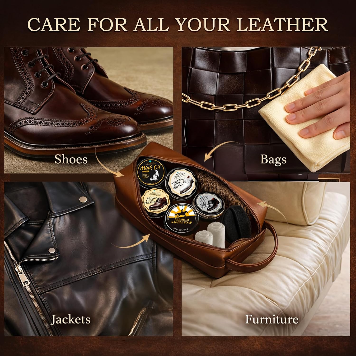 Shoe Care Kit – 16-in-1 Leather Shoe Polish, Cleaning & Conditioning Kit with Saddle Soap & Mink Oil –