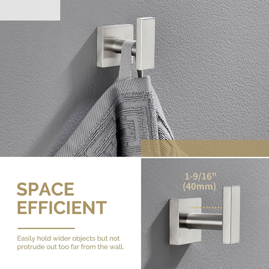 Towel Hook Brushed Nickel, Robe Coat Hand Towel Holder | Rustproof SUS304 Stainless Steel, Square Hook for Bathroom