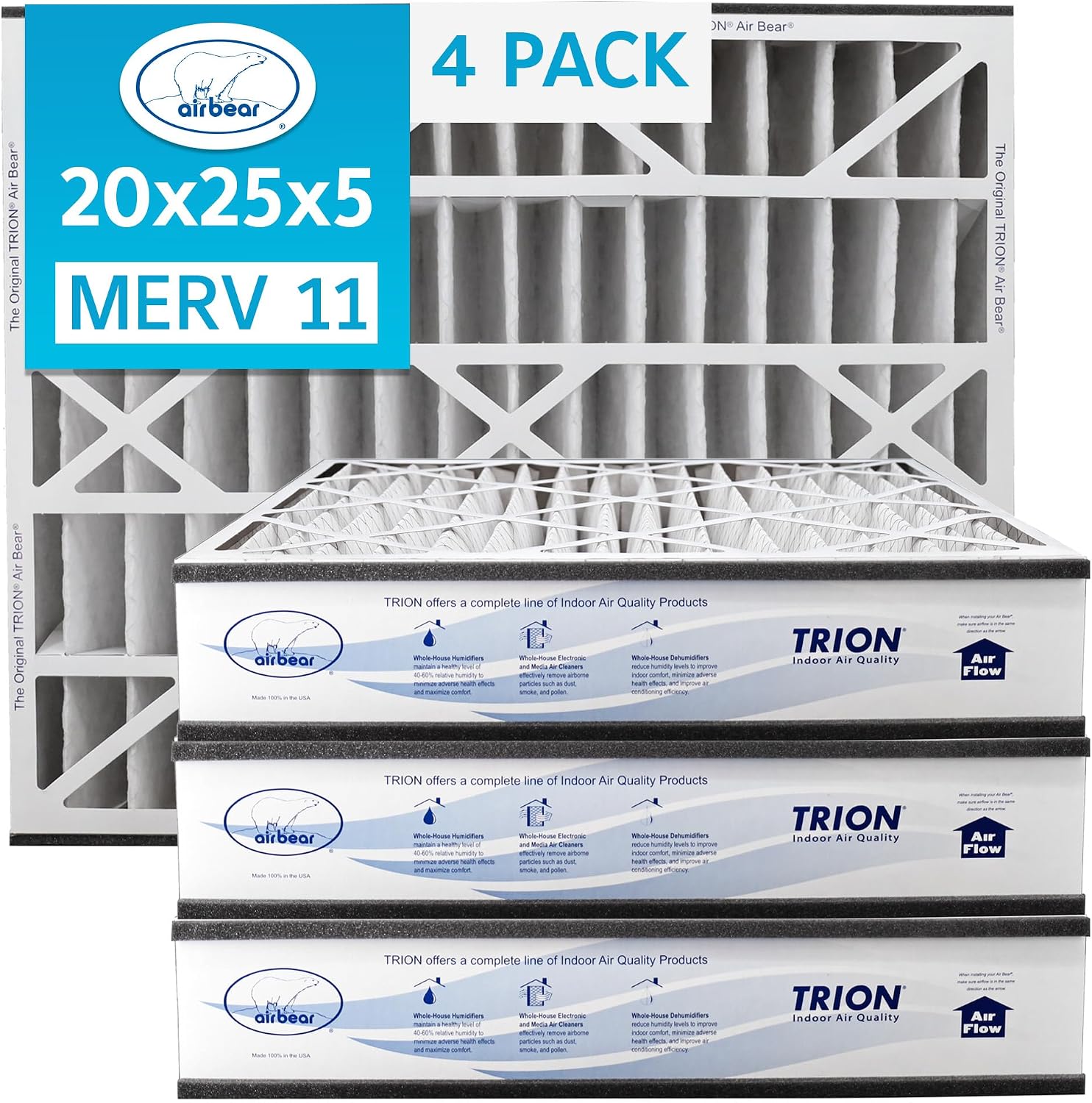 20x25x5 Air Bear Pleated HVAC Air Filter MERV 11 (4-Pack) (Actual Size: 19.75 x 24.25 x 4.9 Inches) compatible with