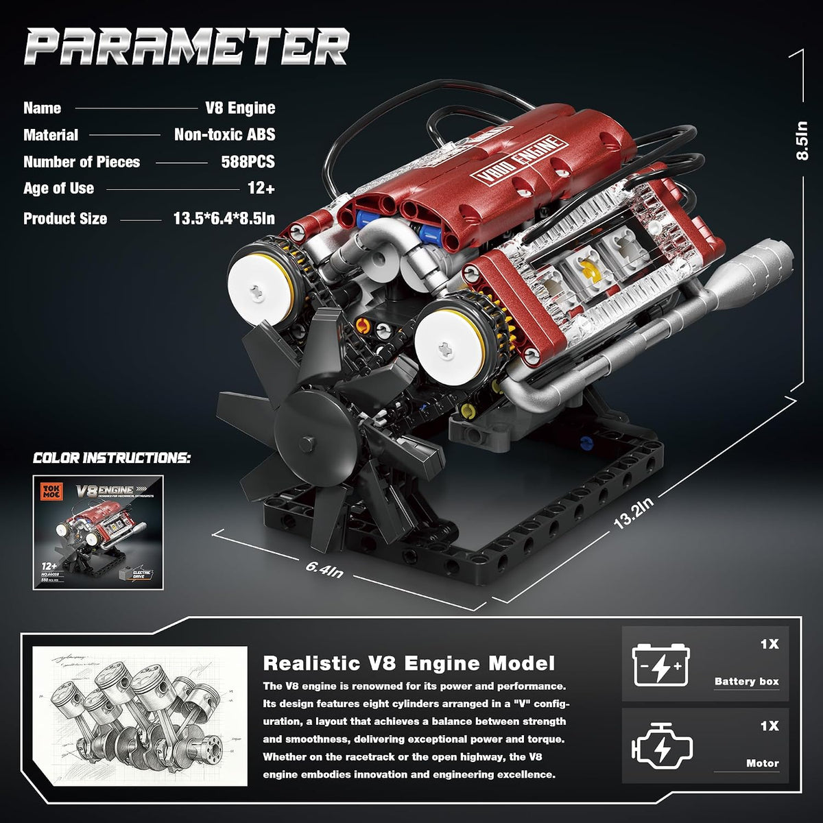 V8 Engine Building Blocks Sets, V8 Engine Model Kit That Runs – Motorized with Moving Pistons, Crankshaft & Rotating