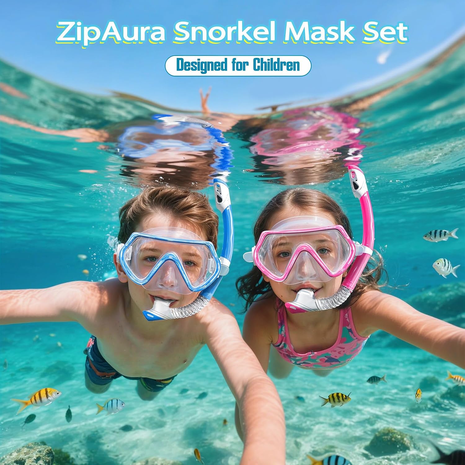 2 Sets Kids Snorkeling Gear for Ages 3-14, Anti-Fog 180° Clear View Dry Top Snorkel Set, Swimming Mask with Nose