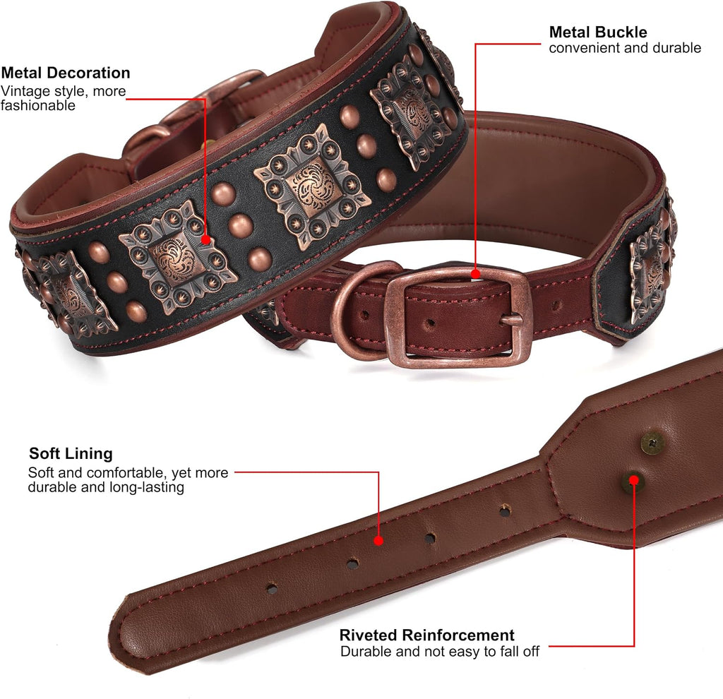 Genuine Leather Dog Collar, 2 inch Wide, Black,Neck 16-19"