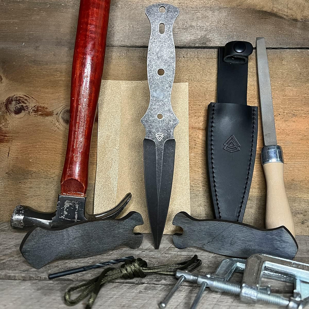 Black Sierra DIY Tactical Dual Edge Knife Making Kit, Build Your Own Fixed Stainless Steel Blade with Leather Sheath