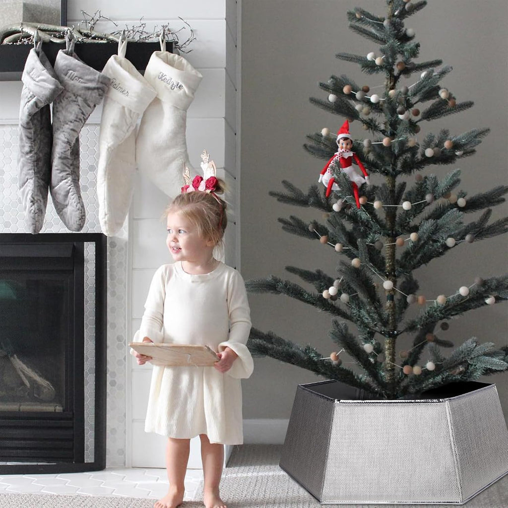 Hexagonal Christmas Tree Collar - Shiny Fabric Tree Skirt, Decorative Tree Ring for Holiday & Xmas Decor (Shiny Silver)