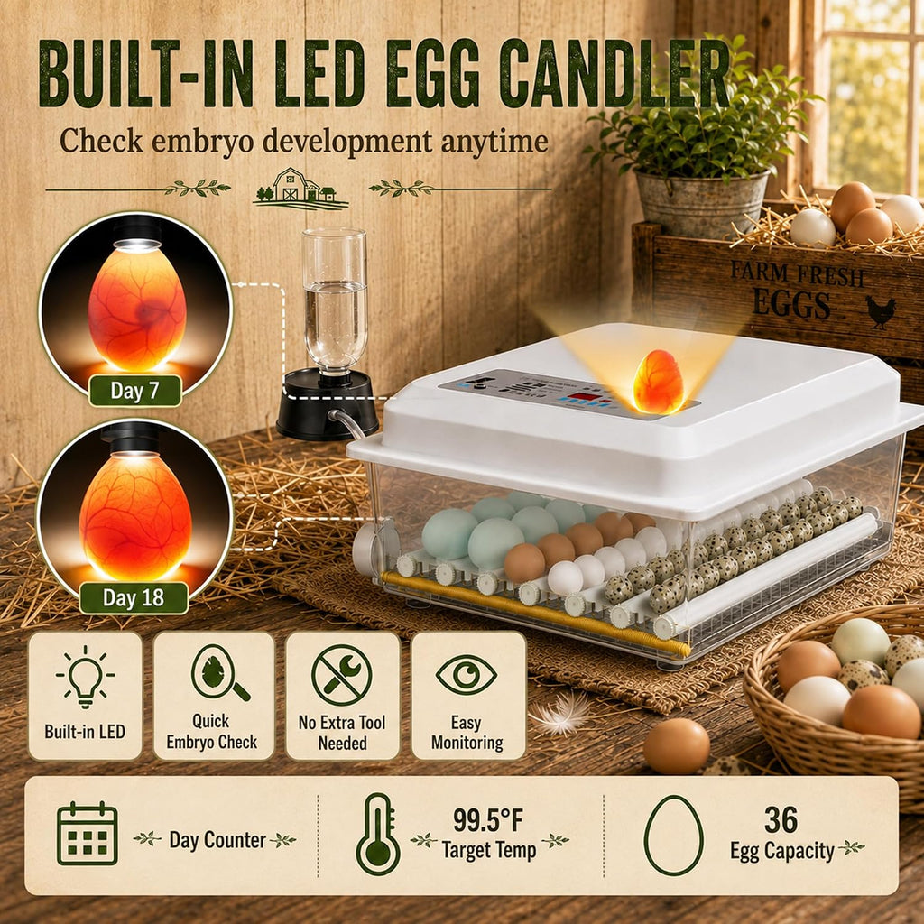 Egg Incubator for Chicken for 36, 5 Incubation Modes, Temperature Control, Auto Egg Turning, Dual Power Supply