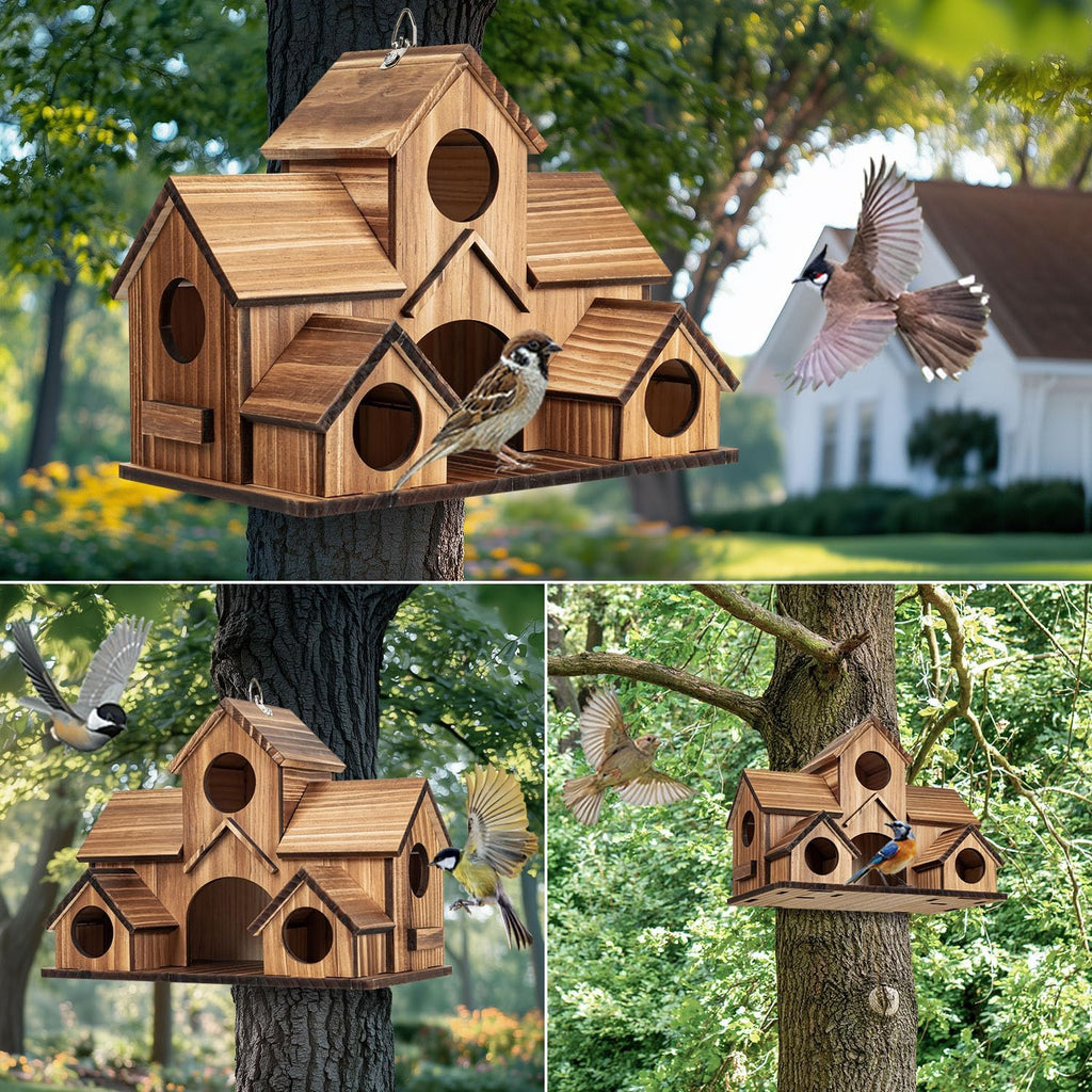 Bird Houses for Outside, 5-Hole Wooden Birdhouse for Bluebirds Finch Swallow Wren Chickadee Hummingbird, Hanging Bird