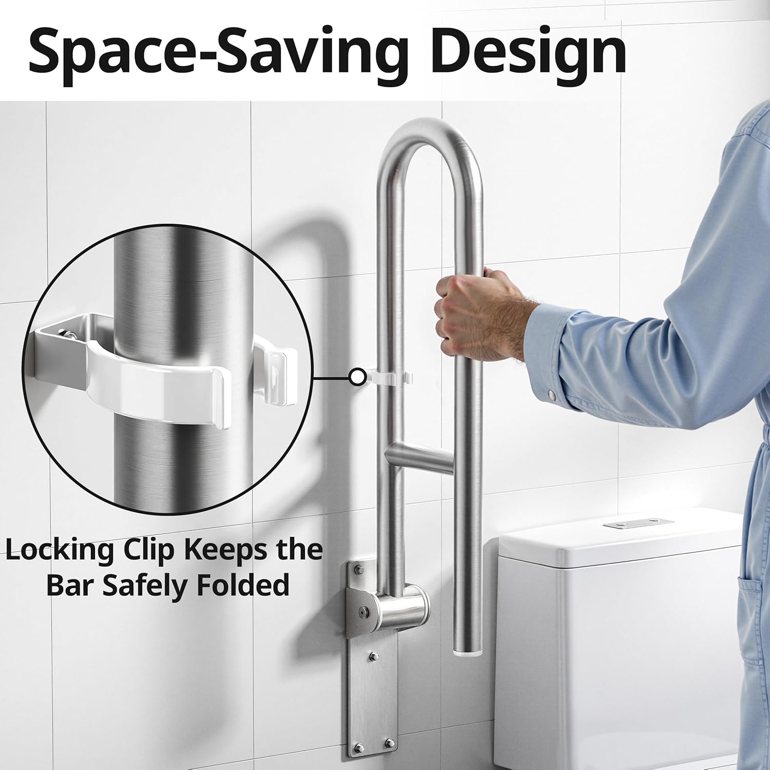 Toilet Grab Bar, Bathroom Safety Handrail Wall Mounted, 304 Stainless Steel Flip Up Folding Support Rail for Elderly