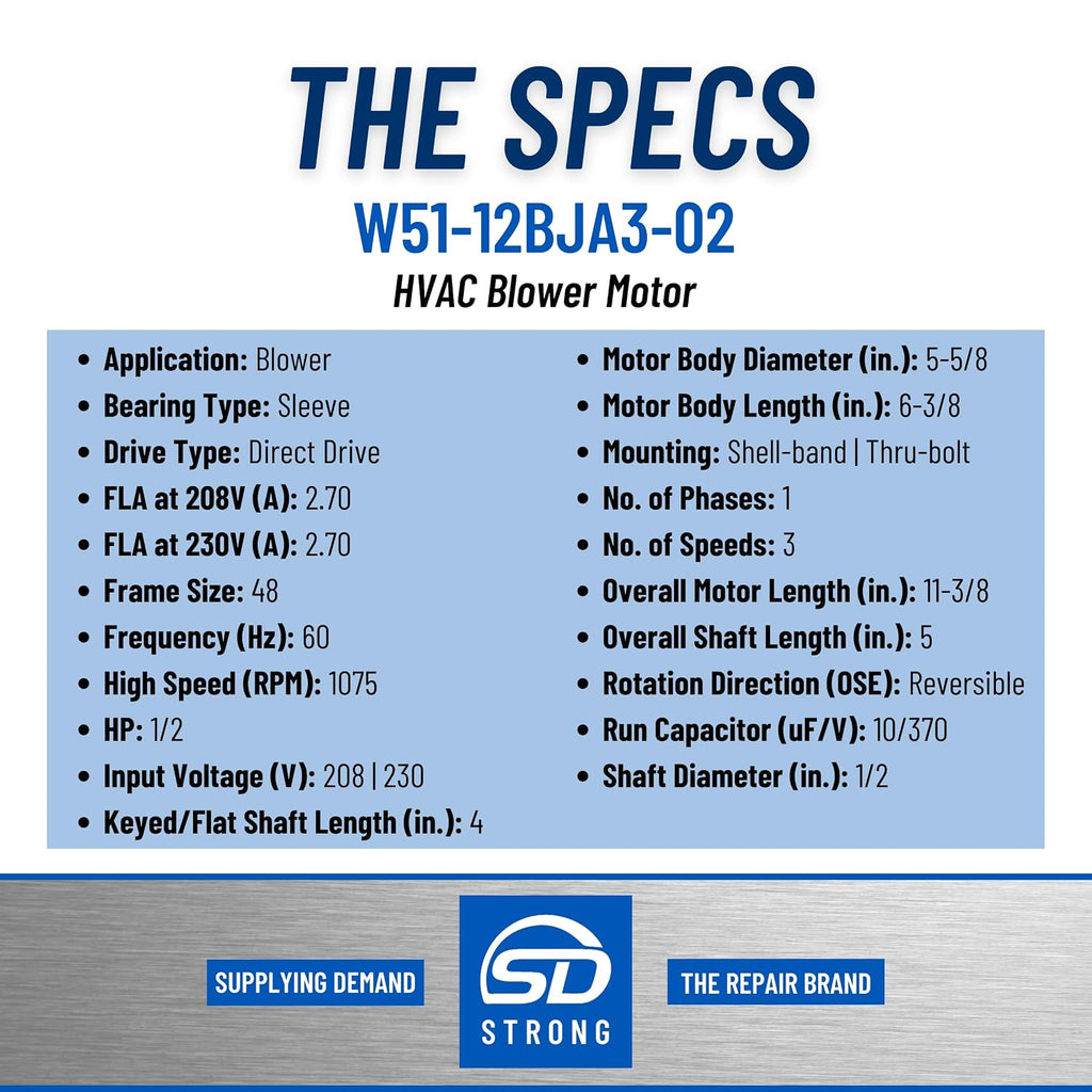 Supplying Demand W51-12BJA3-02 HVAC Blower Fan Motor 1/2 HP 1 Phase 3 Speed 208/230V 1075 RPM Must Match Specs of Current Motor to Function Correctly
