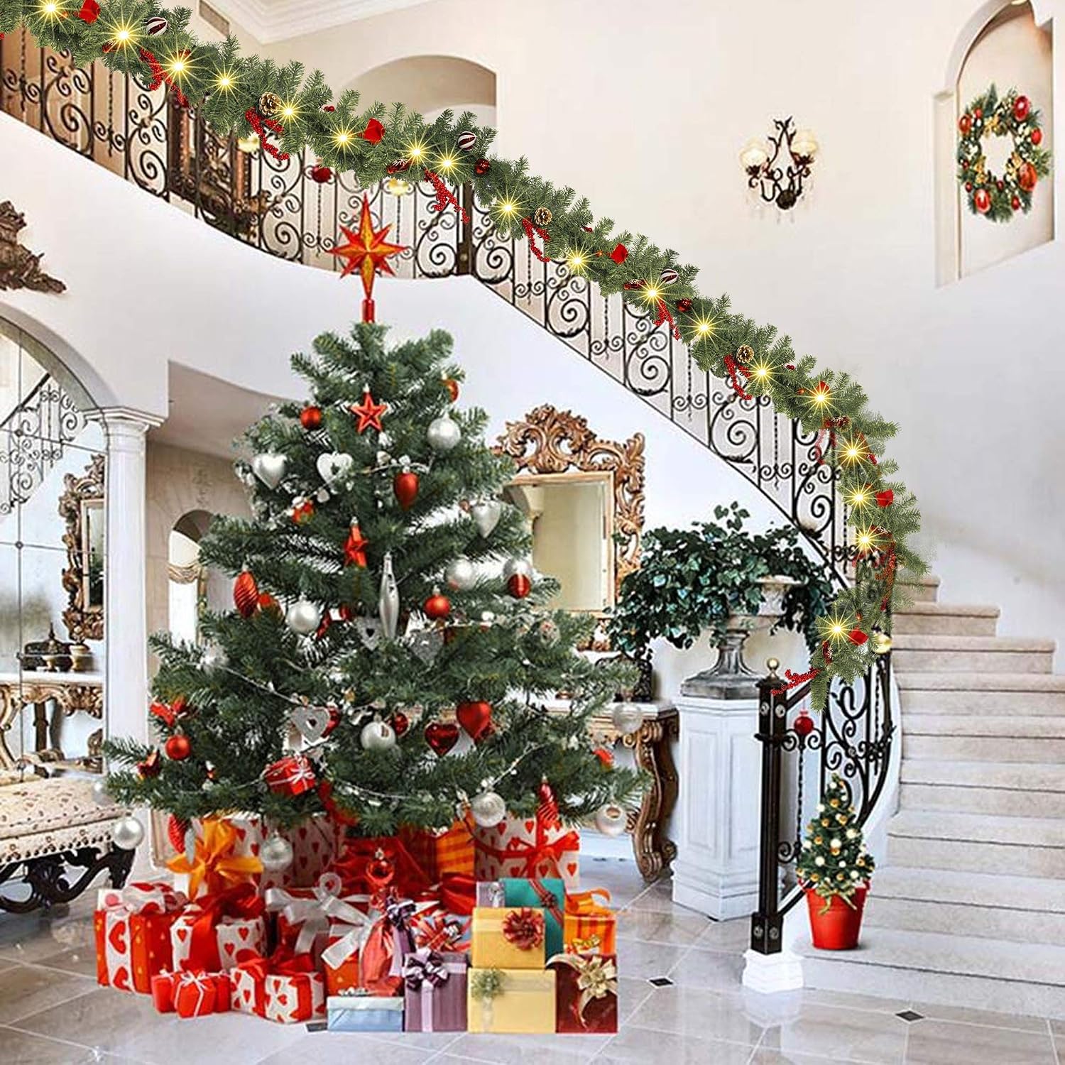 9 FT Artificial Christmas Garland, Pre-Lit 50 LED Battery Operated Lighted Xmas Garland with 8 Modes for Indoor