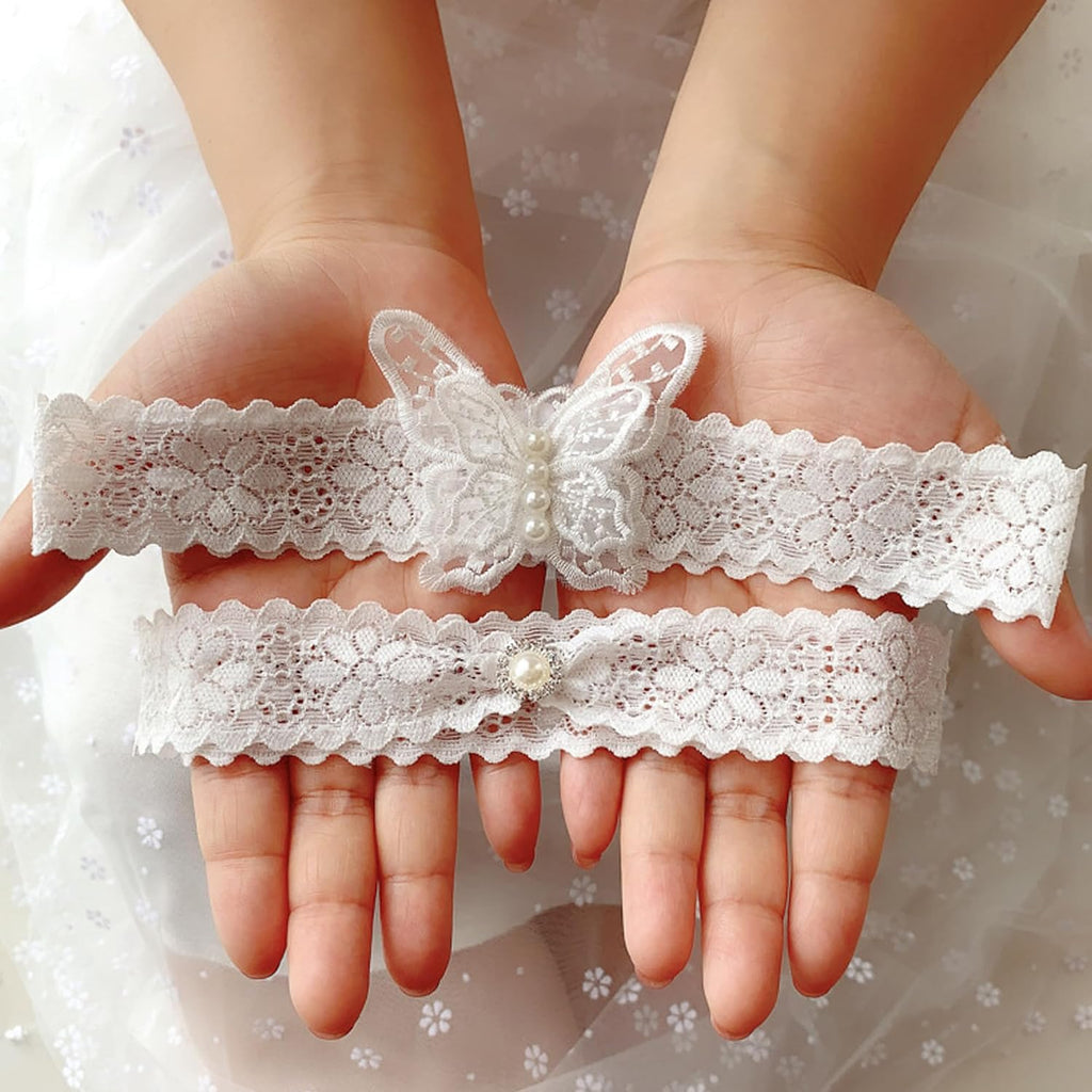 Bridal Wedding Garters 2 Pack, White Lace Bridal Butterfly Garters